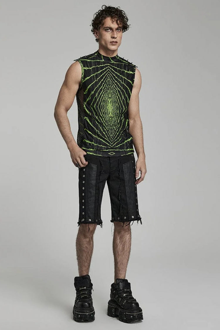 Steampunk T-Shirt with Halo Print, Sleeveless, Mesh and Rivets, 2 Colors
