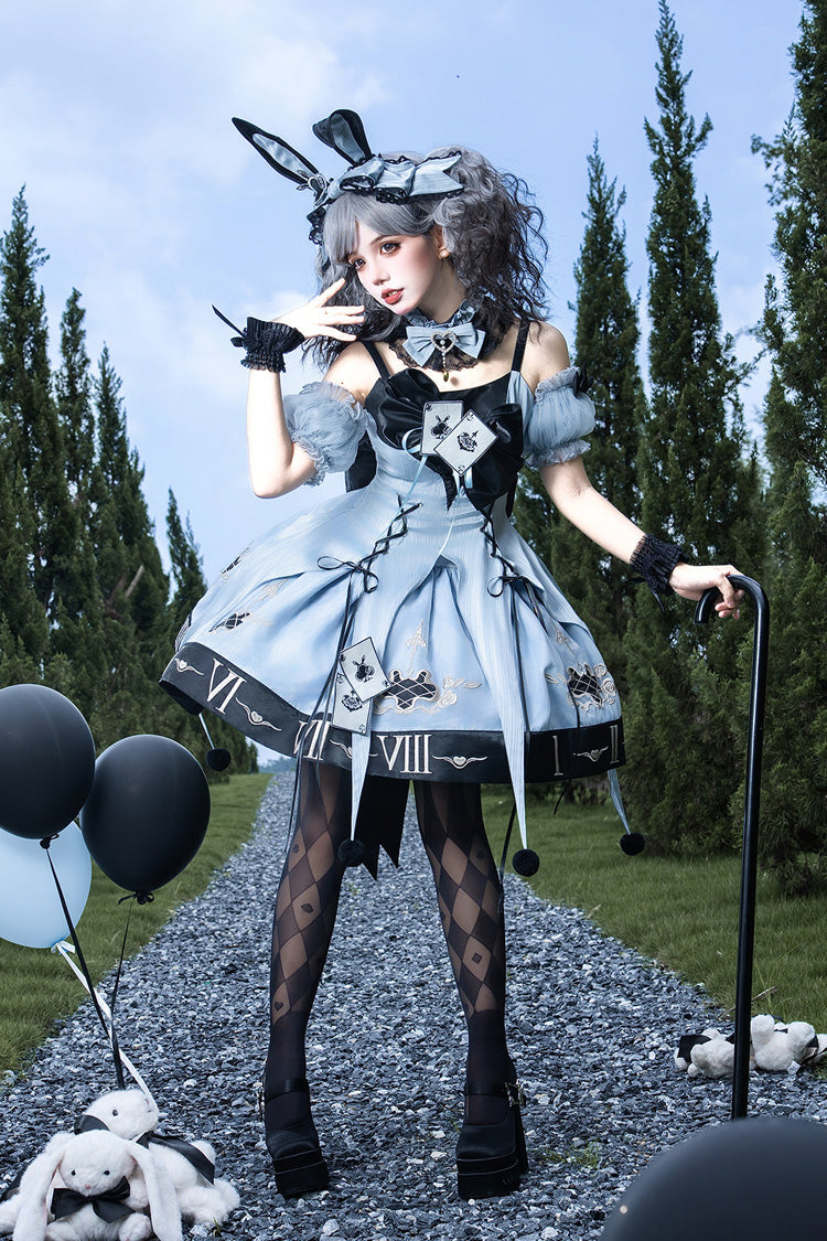Clock Rabbit Card Game Sleeveless Jacquard Ruffle Embroidered Bow Gothic Jumper Dress