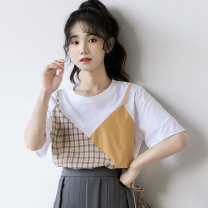 Sweet Plaid Color Block Fake Two Piece T-Shirt