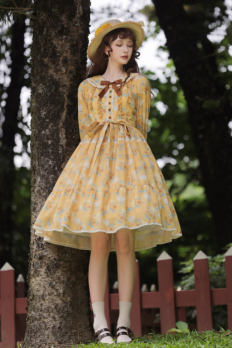 Sunflower Yellow Long Sleeve Floral Bow Elegant Lolita Dress