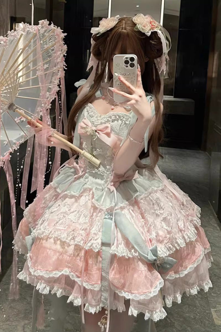 Pink Green Summer Lotus Breeze Sleeveless Double-Layered Ruffled Bow Lace-Up Sweet Chinese Style Ballet Jsk Dress