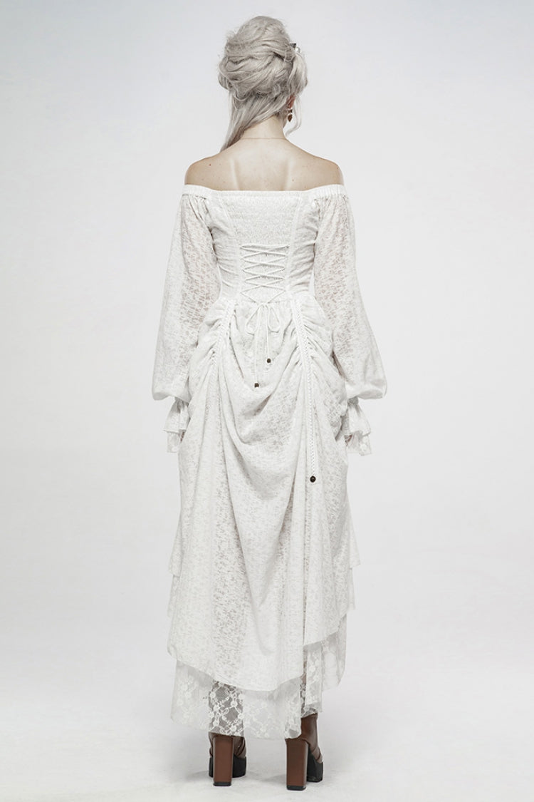 Ivory Off-Shoulder Long Puff Sleeves Ruffle Mesh Gothic Dress