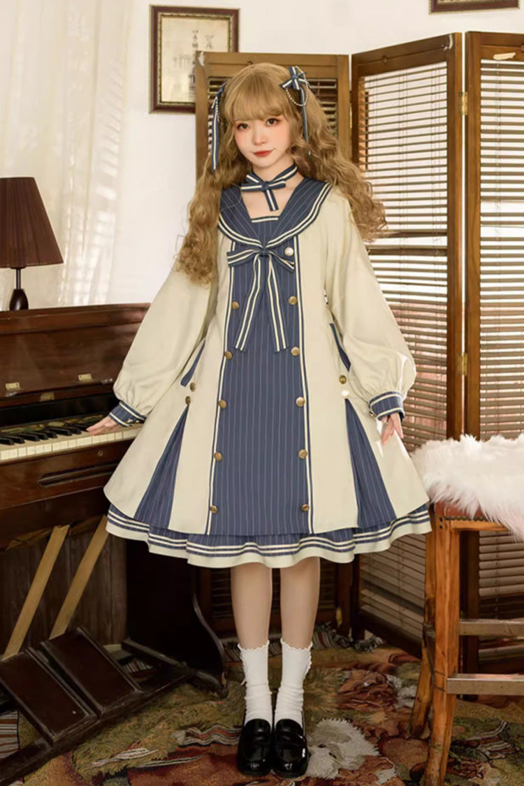 Navy Collared Long Sleeve Floral Bow Sweet Plus Size Lolita Gown