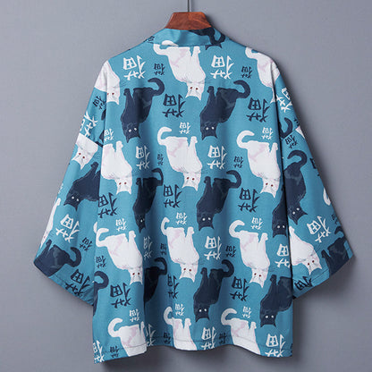 Cute Blue Cat Print Casual Kimono Outerwear