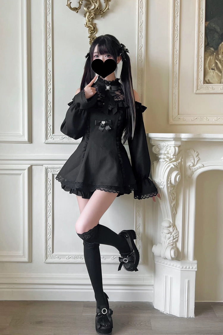 Sweet Off Shoulder Halterneck Long Sleeve Ruffled Bow Lace Jirai Kei Dress Shorts Set