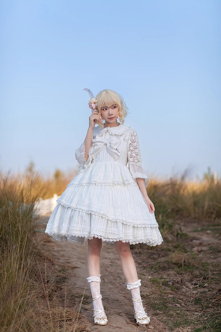 White Sweet Lolita Dress with Tower of Dawn Bowknot and Ruffled Sleeveless