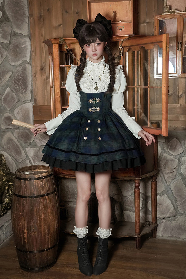 Berlin's Letter Double-Layered Plaid Ruffle Bowknot College Strap Dress