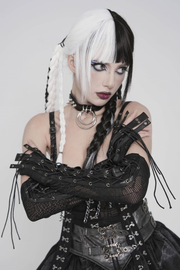 Noir Punk Fingerless Gloves with Mesh and Eyelets