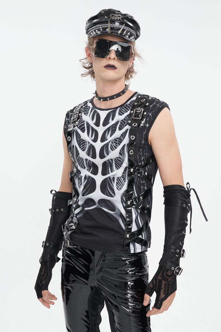 Monochrome Punk Vest with Round Collar and Cut-Out Print