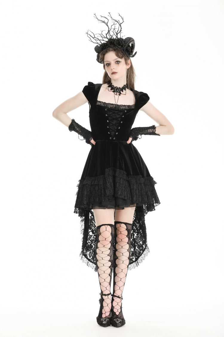 Noir Gothic Velvet Gown with Lace-Up and Square Neckline
