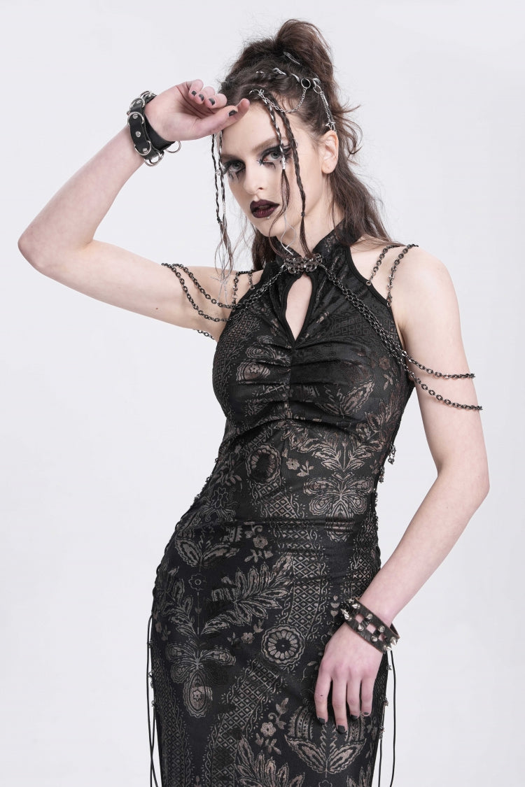 Jet Off-Shoulder Halterneck Sleeveless Side Slit Gothic Dress