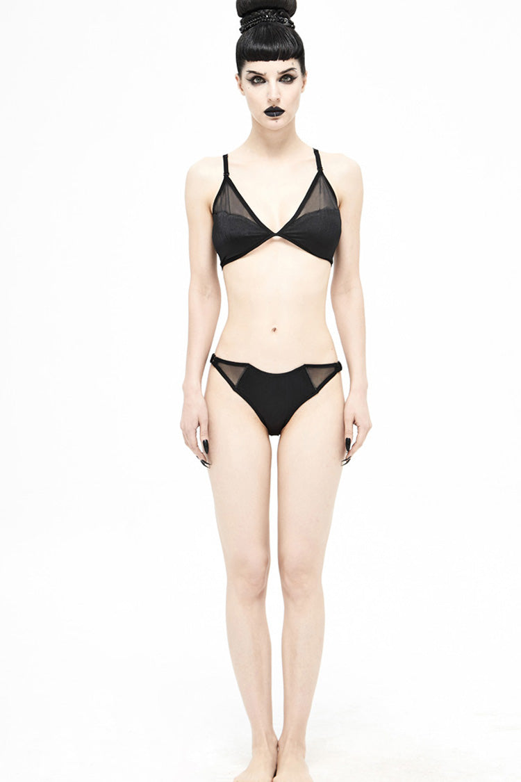 Noir Punk Swimsuit with Bat Motif and Mesh Panels
