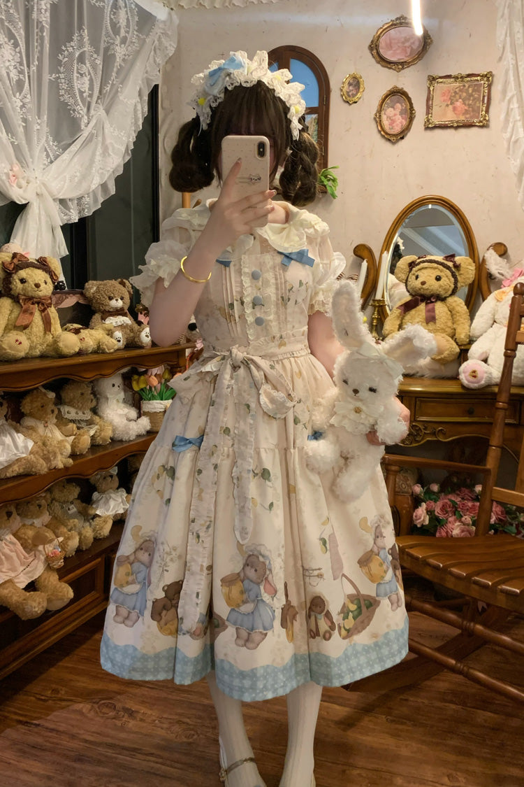 Ivory [Midsummer Bunny Bear] Printed Ruffled Bow Sweet Lolita Dress 2 Versions