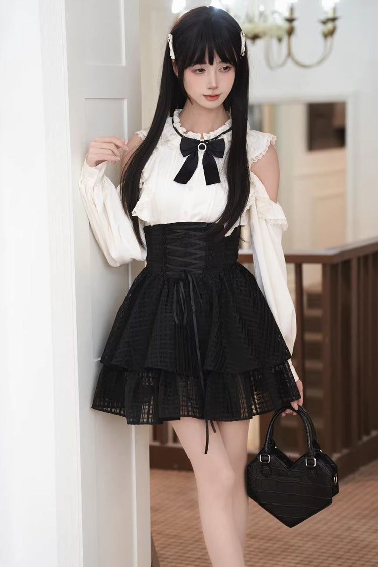 Monochrome Elegant Jirai Kei Skirt Set with Double-Layered Cut-Outs and Bow Lacing