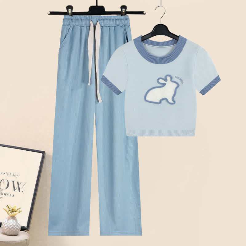 Blue Rabbit Pattern Knit T-Shirt Cargo Pants