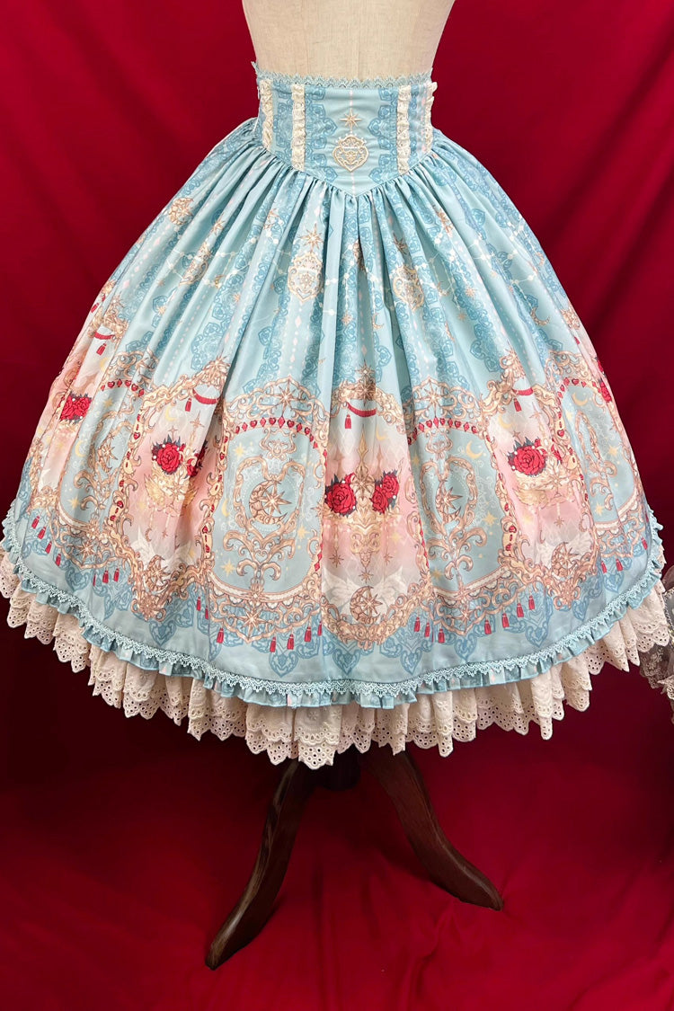 Blue Moonlit Garden Print Ruffle Lace Sweet Palace Lolita Skirt