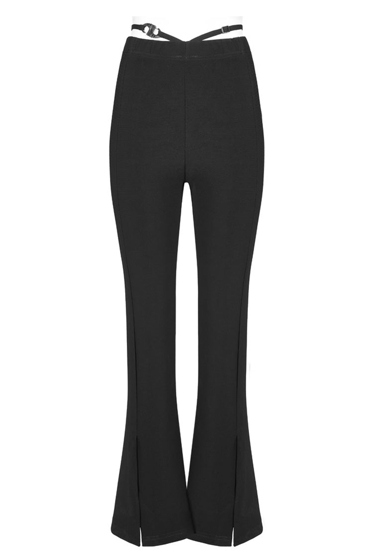 Women's Punk Pants with Hollow V-Shaped Decorative Bottom Slit Strap Micro Flare
