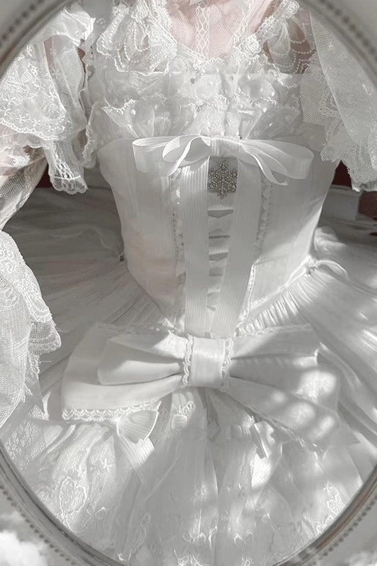 White Pink Snow of Love Ruffled Hanayome Open-Front Bow Lace Sweet Princess Dress