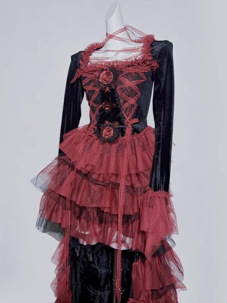 Gothic Black and Red Lace Rosette Top