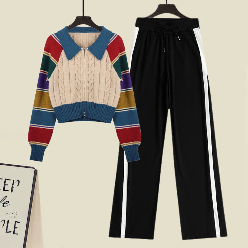 Colorblock Stripe Cardigan Sweater Pants Set