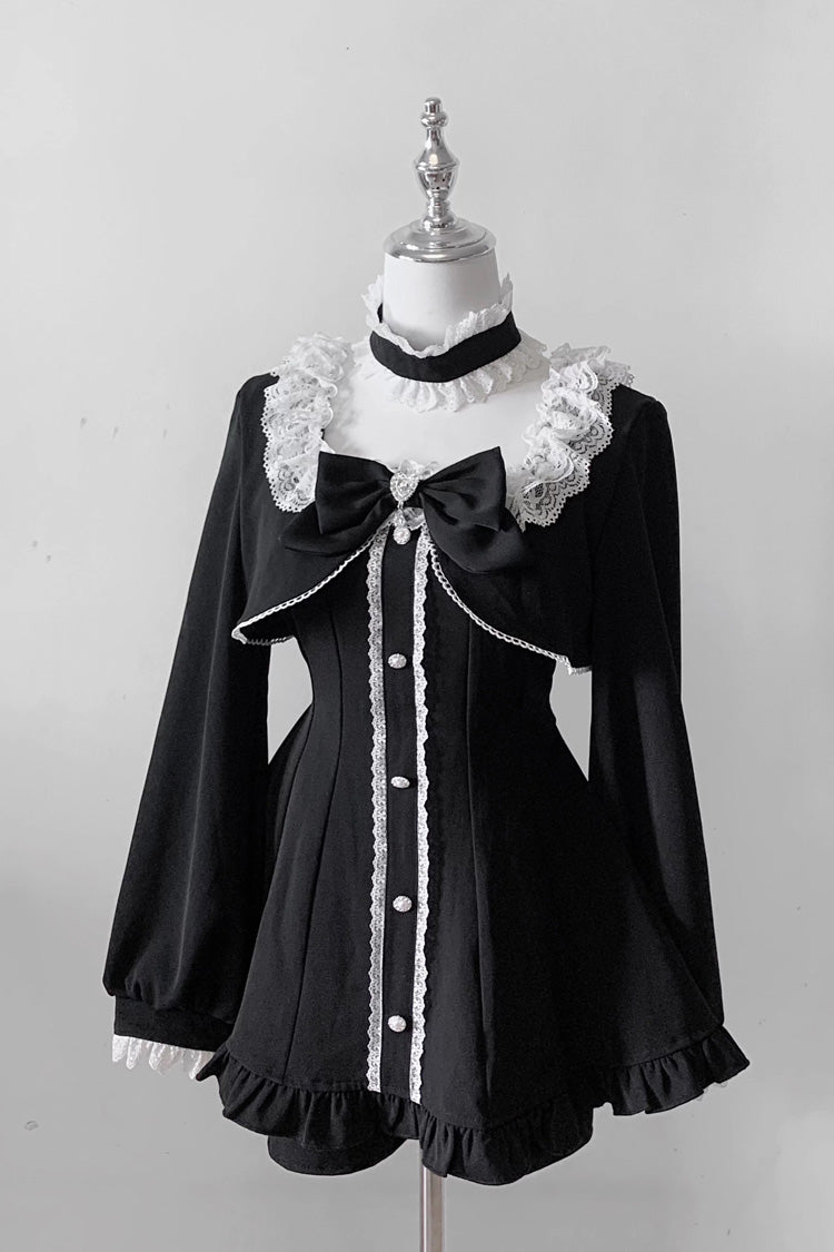 Noir Long Sleeve Ruffled Bow Lace Jirai Kei Dress Shorts Set - Twilight Prelude