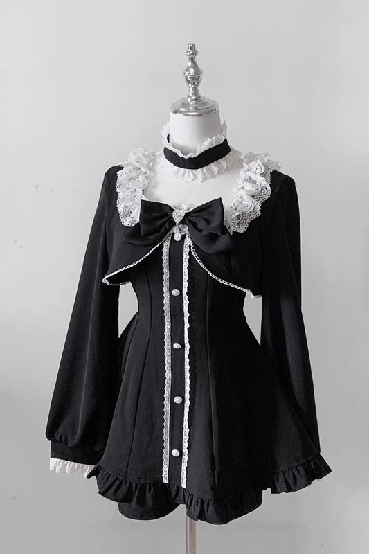 Noir Long Sleeve Ruffled Bow Lace Jirai Kei Dress Shorts Set - Twilight Prelude