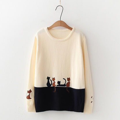 Kitty Embroidery Sweater Tie Shirt Set