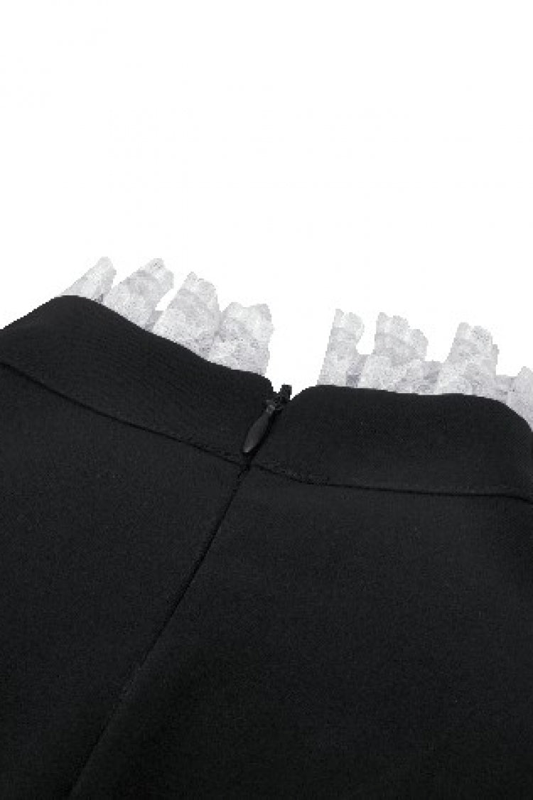 Monochrome Gothic Dress with Pleated Lace, Stand Collar, and Puff Sleeves