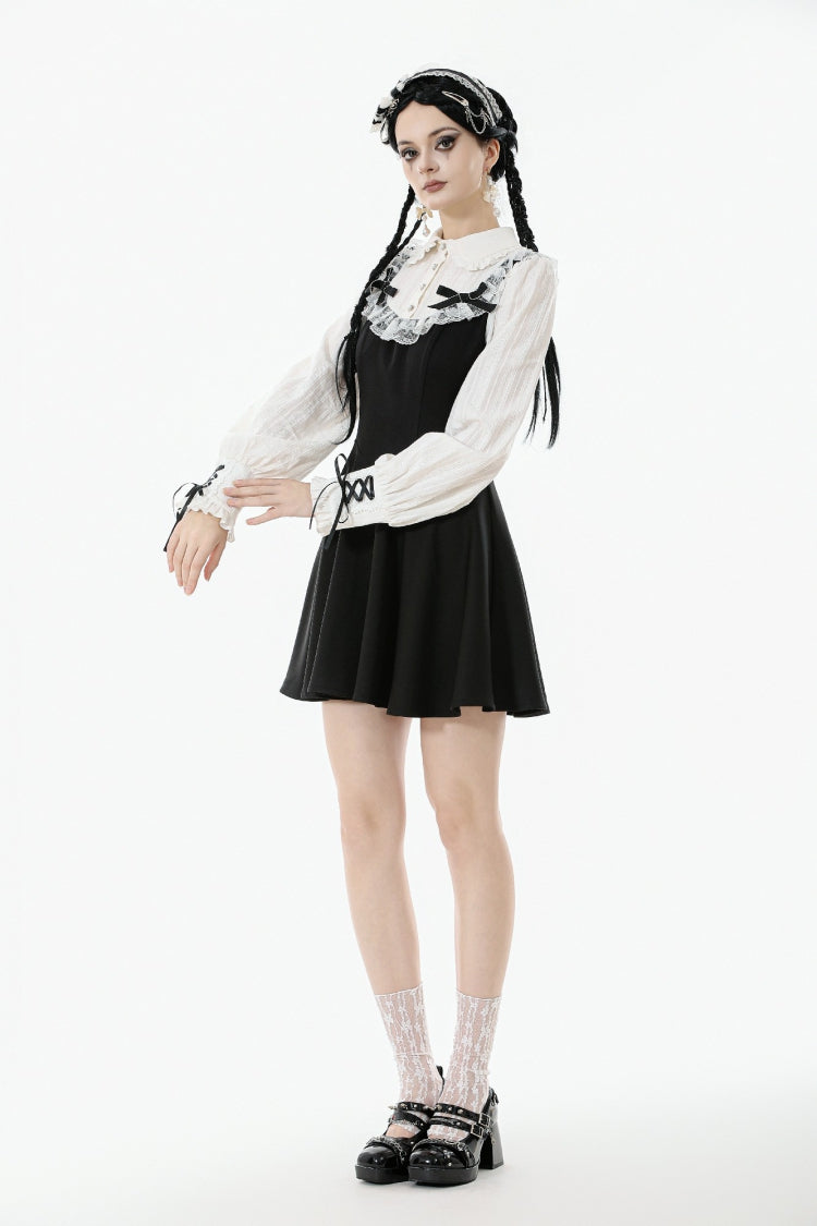 Black/White Faux Two-Piece Doll Collar Long Sleeves Lace-Up Women's Lolita Gothic Graduation Dress