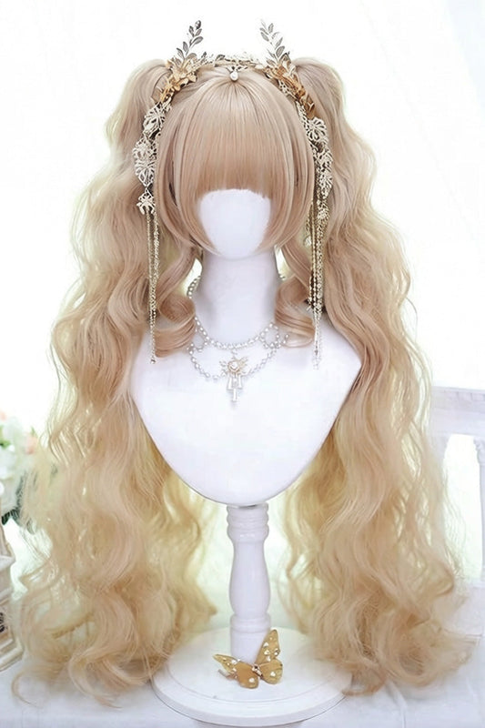 Airy Bangs Twin-Tail Wig Set - Soft Golden Waves