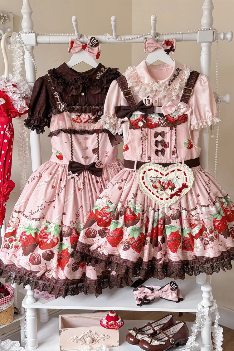 Sleeveless Printed Ruffled Embroidered Bow Lace Sweet Lolita Strap Dress - Strawberry Chocolate Lover