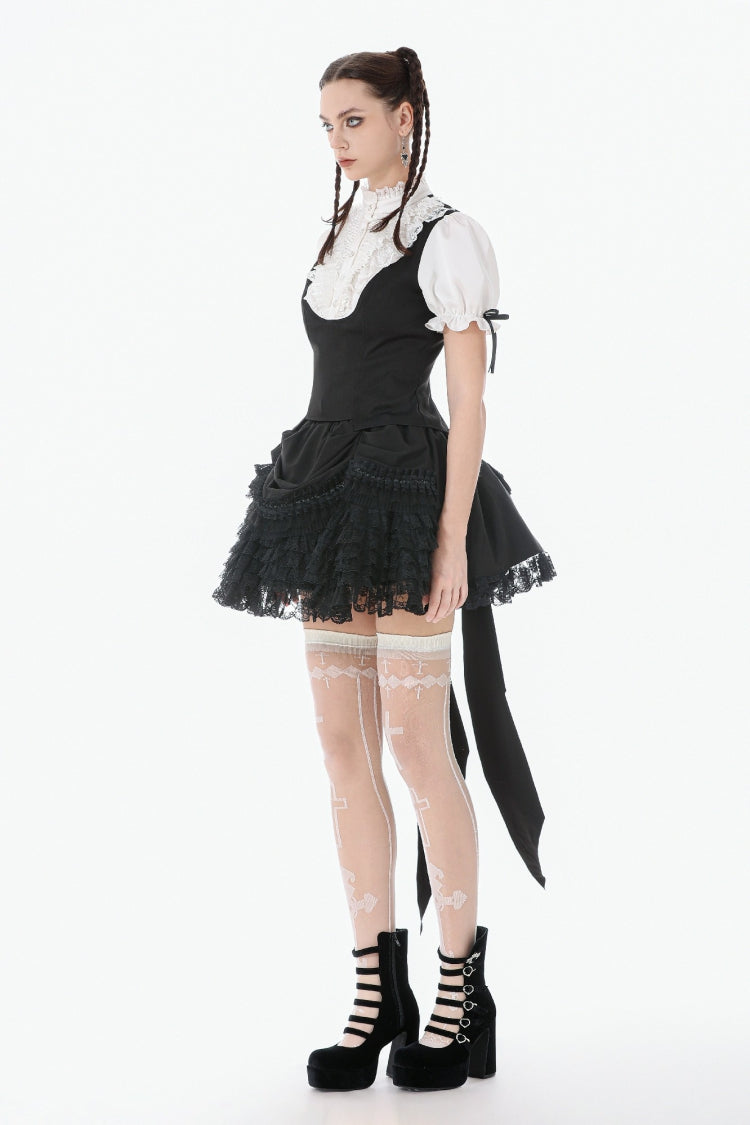 Monochrome Gothic Royal Blouse with Lace Ruffles and Stand Collar