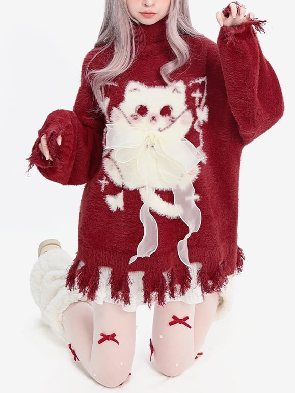 Red Cat Bow Accent Distress Trim High Neck Cozy Sweater