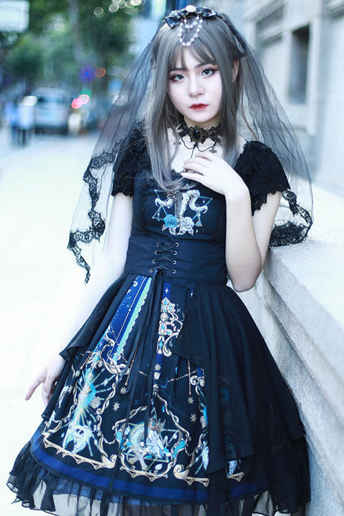 Gothic Lace Ruffle Square Collar Short Sleeve Lolita OP Dress