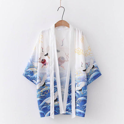 Crane Print Belted Kimono Outerwear Sun Protective