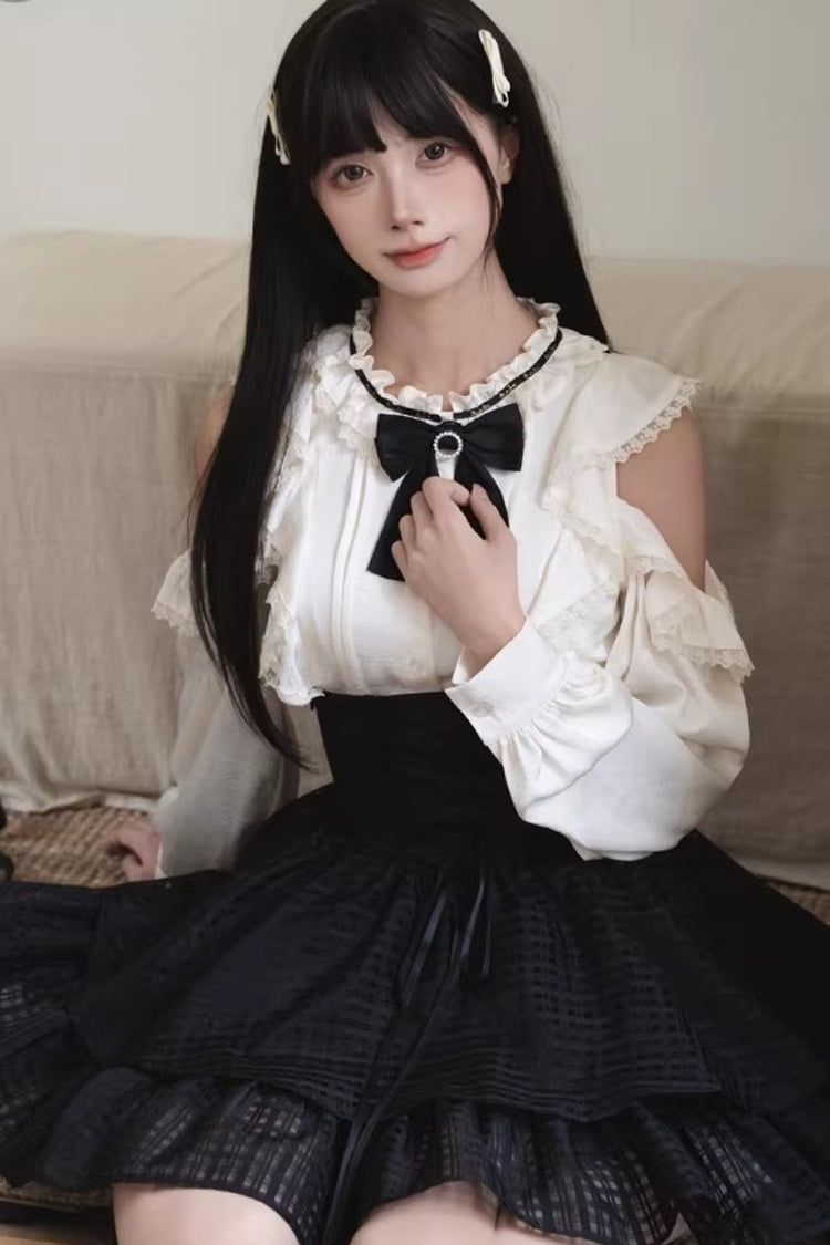 Monochrome Elegant Jirai Kei Skirt Set with Double-Layered Cut-Outs and Bow Lacing