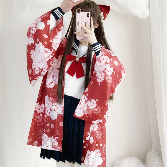 Cat Sakura Print Loose Cardigan Kimono Outerwear