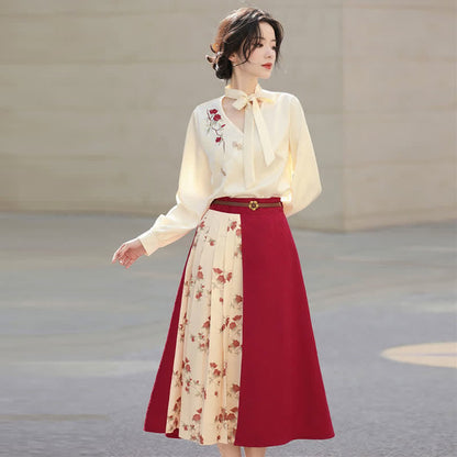 Vintage Rose Embroidery Outerwear Shirt Skirt