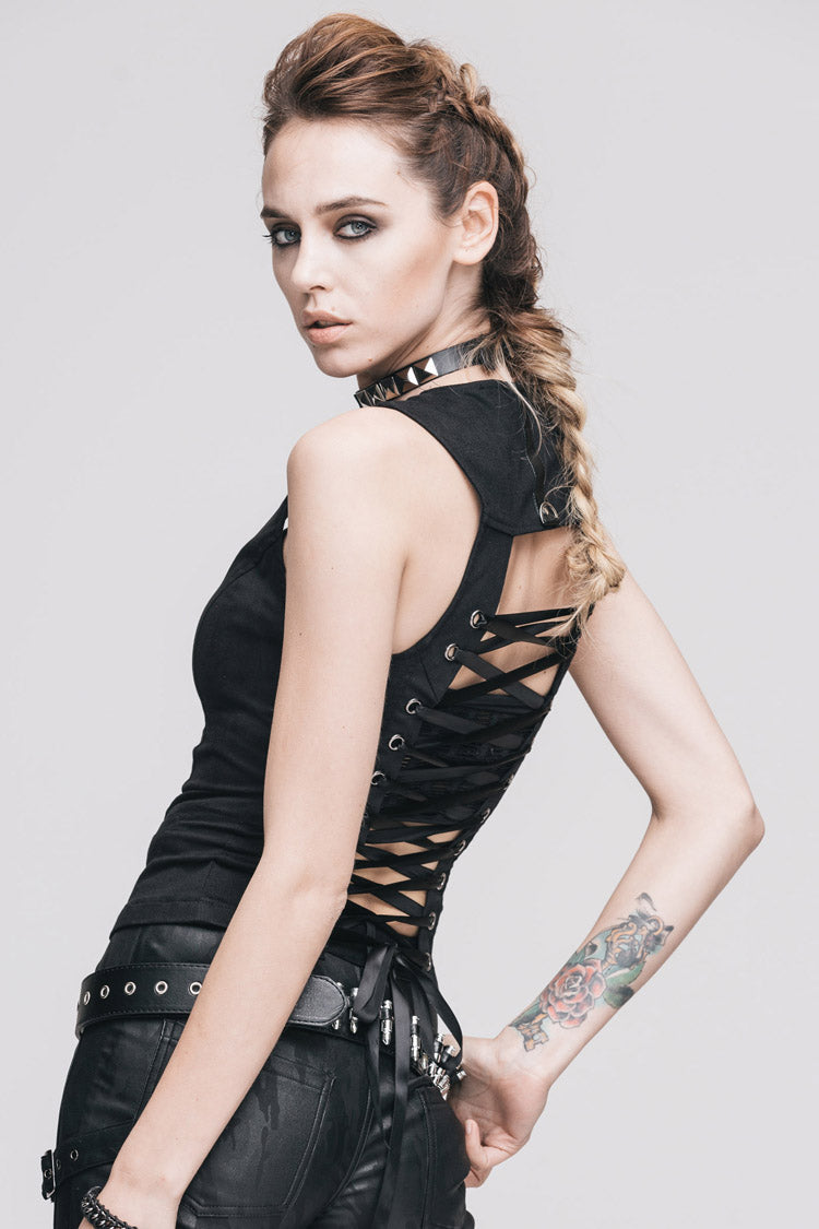 Women's Punk Tank Top in Black with Front Zip, Cut-Out Back & Belted Round Neck