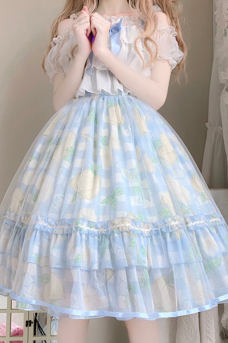 Blue Lemon Sweet Lolita Short Sleeve Print Ruffle Bowknot Jsk Dress