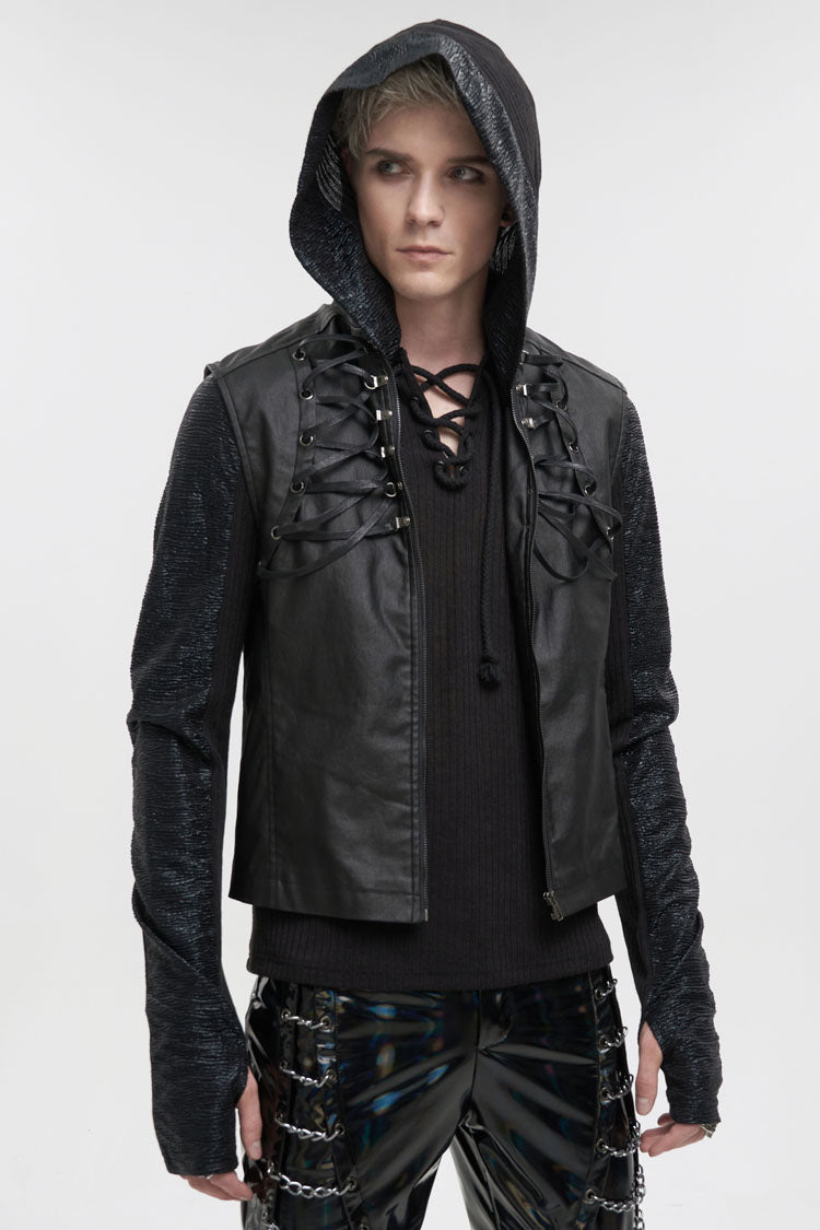 Men's Punk Vest in Black with Front & Rear String, Stretch Cotton & Stand Collar