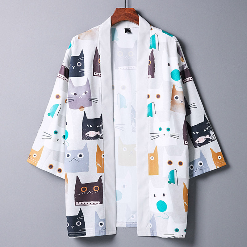 Cartoon White Cat Print Kimono Outerwear