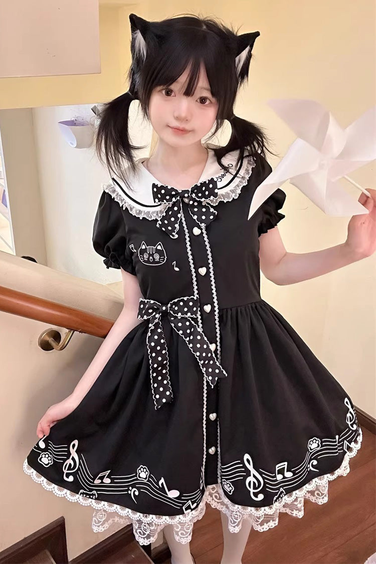 Black Melody Kitty Doll Collar Short Sleeves Ruffled Embroidered Bow Lace Sweet Dress