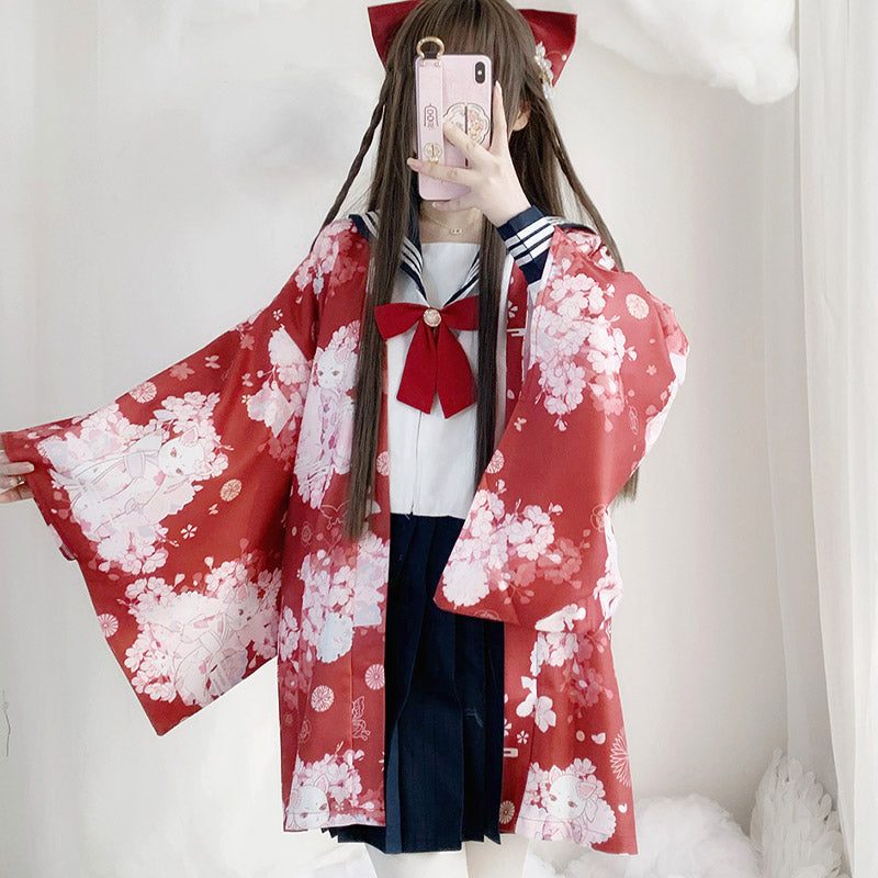 Cat Sakura Print Loose Cardigan Kimono Outerwear