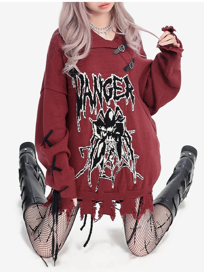 Y2K Dark Red Spider Distress Trim Loose Sweater Lace-up Sleeves