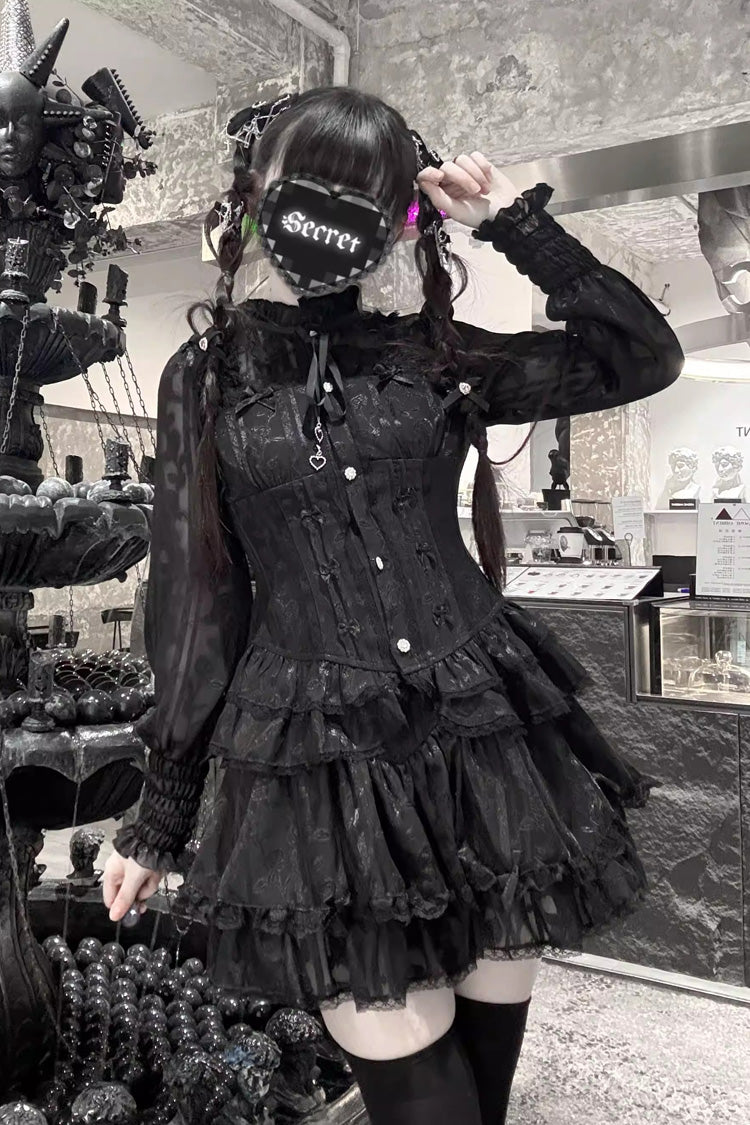 Triple-Layered Multi-Layered Jacquard Ruffled Lace-Up Gothic Jirai Kei Blouse and Pumpkin Shorts Set