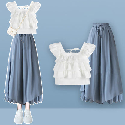 Sqaure Collar Lace Up Layered Top Blue Pantskirt