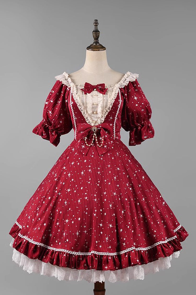 Star Print Short-Sleeved Ruffled Bowknot Sweet OP
