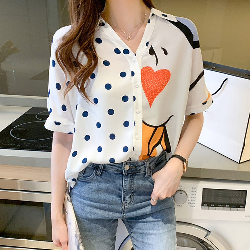 Heart Polka Dots Print Blouse Workwear