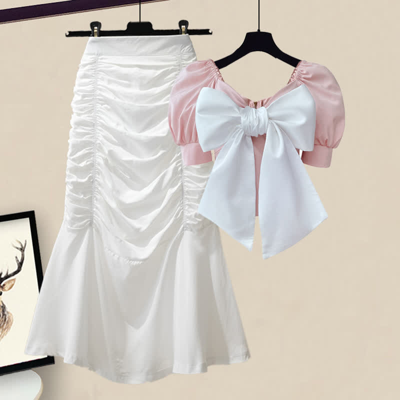 Bowknot Puff Sleeve T-Shirt High Waist Ruffled Skirt